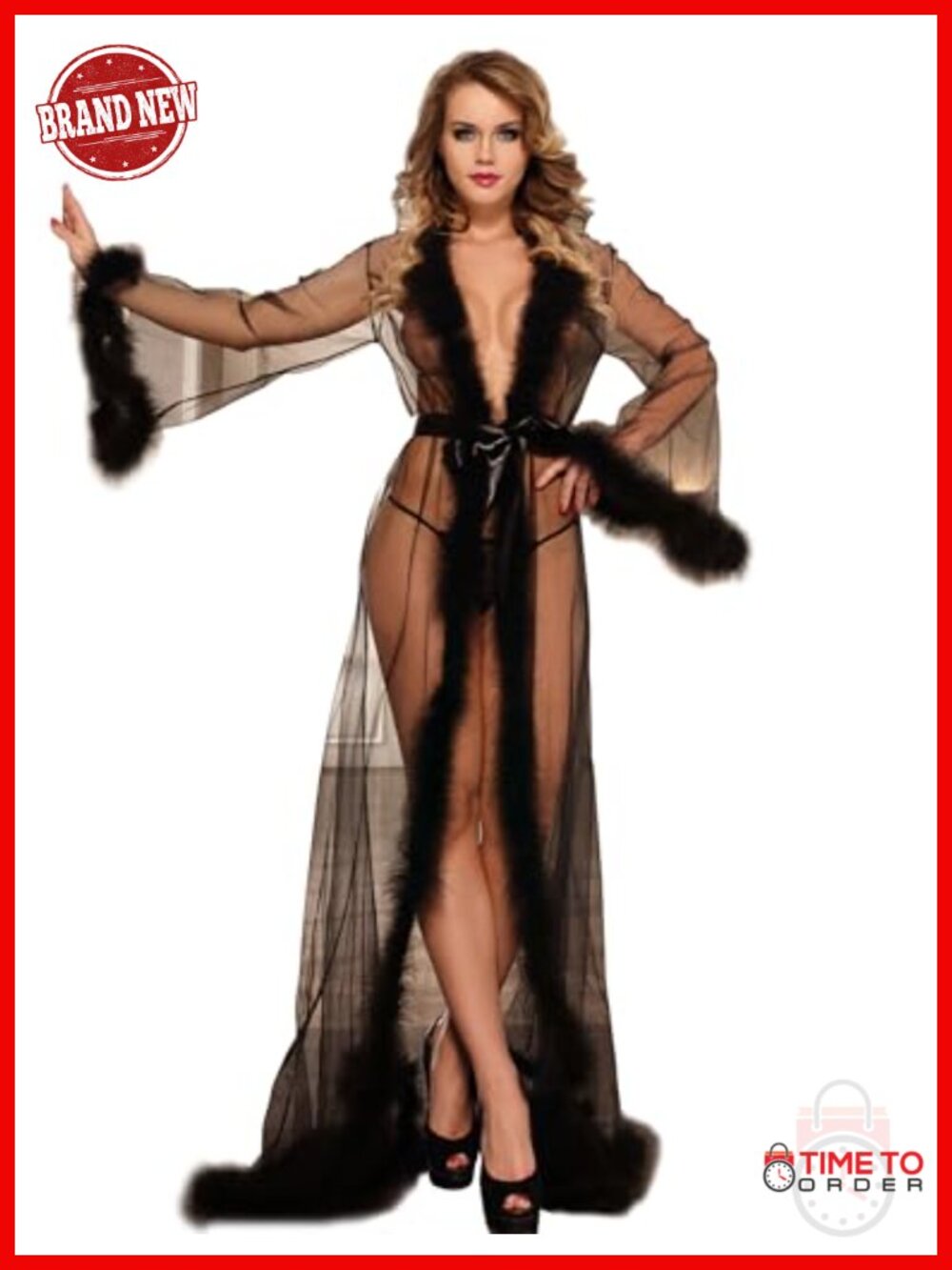 Sheer Mesh Kimono Robe Faux Fur Trim Bridal Lingerie